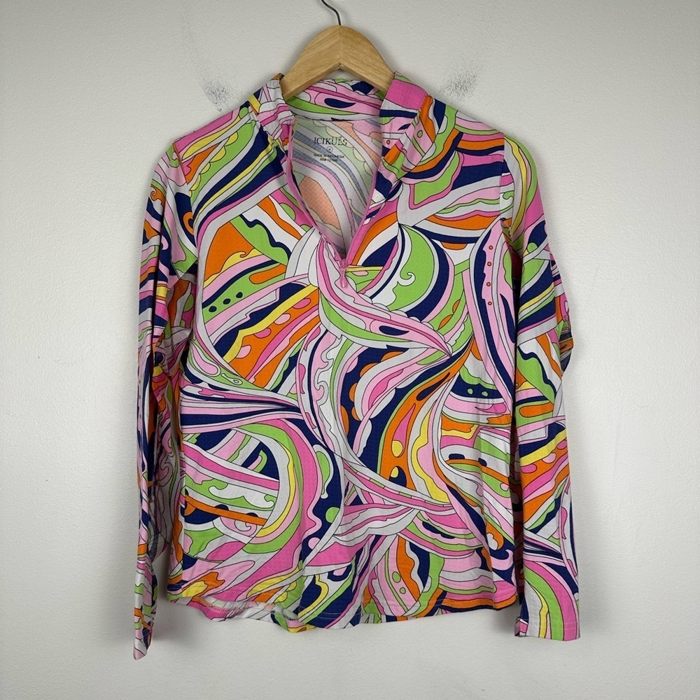 Icikuls Mock Neck Long Sleeve‎ Mesh Cooling Sun Shirt Retro Swirl Women’s Sz M